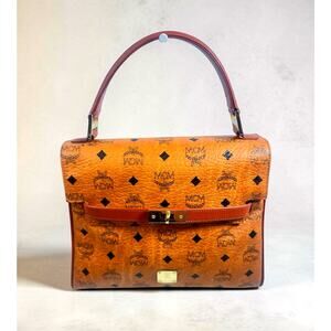 Vintage MCM Visetos Top Handle Bag Cognac w/ Lock Key Mirror Dust Bag